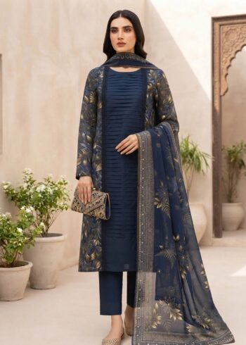 navy blue Printed Lawn Kurta Set with Dupatta