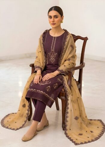 Embroidered Brown Kurta Set with Beige chiffon Dupatta