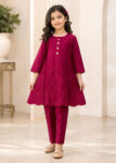 Girls Maroon Embroidered Short Frock with Trousers