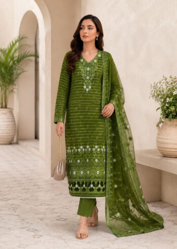 Olive Royale ? Olive Premium Embroidered Linen 3PC Suit with Chiffon Dupatta
