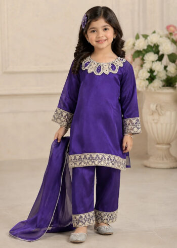 Purple Premium Silk Kids 3PC Dress