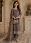 Elegant Brown Embroidered Chiffon Kurta Set with Straight Trousers