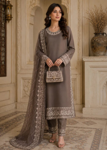 Elegant Brown Embroidered Chiffon Kurta Set with Straight Trousers