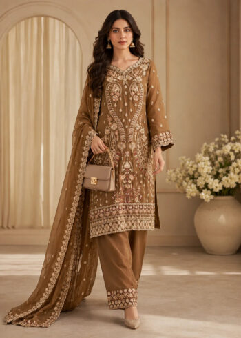 Golden Brown Embroidered Raw Silk Kurta Set with Chiffon Dupatta