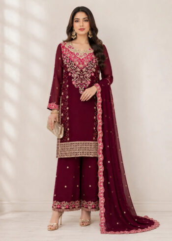 Maroon Embroidered Chiffon Kurta Set with Dupatta