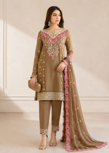 Embroidered Camel Brown Raw Silk Kurta Set with Dupatta