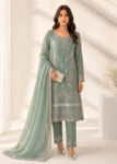 Sea Green Embroidered Chiffon Kurta Set with Straight Trousers and Dupatta