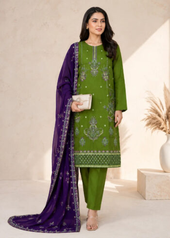 Olive Green Embroidered Linen Kurta Set with Chiffon Dupatta