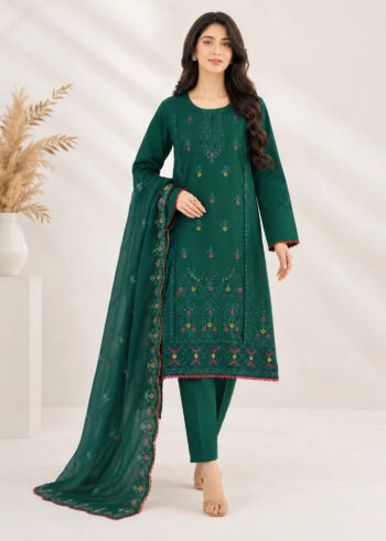 Embroidered Forest Green Cotton Kurta Set with Dupatta