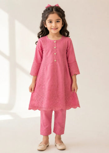 Charming Pink Embroidered Cotton Jacquard Short Frock