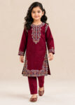Girls Maroon Embroidered Cotton Kurta Set
