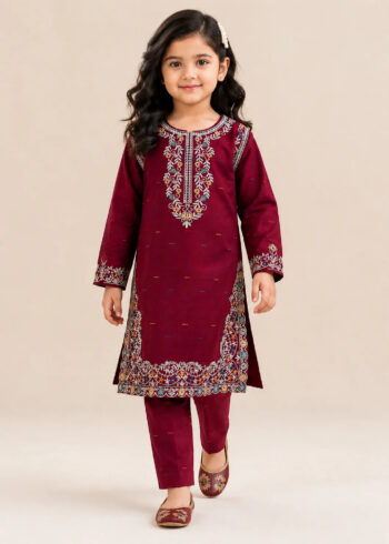 Girls Maroon Embroidered Cotton Kurta Set