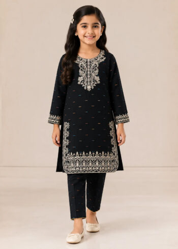 Black Embroidered Kids Kurta Set with Straight Trousers