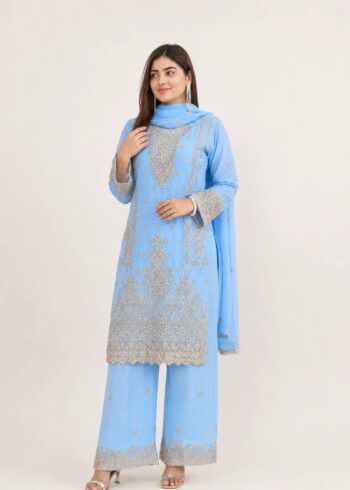 Powder Blue ? Premium Embroidered Chiffon 3PC Kurta Set