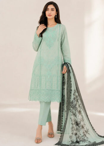 Embroidered Aquamarine Lawn Kurta Set with Printed net Dupatta