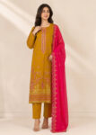 Mustard Embroidered Linen Kurta Set with Hot Pink Chiffon Dupatta