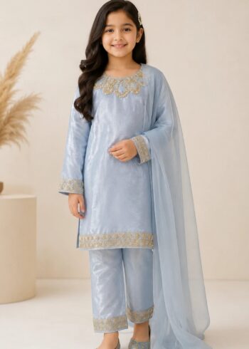 Little Sapphire ? Powder Blue Premium Silk Kids 3PC Dress