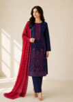 Navy Blue Embroidered Kurta Set with Red Chiffon Dupatta