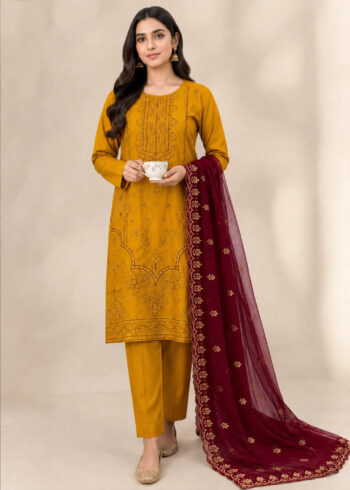Embroidered Mustard Kurta Set with Maroon Chiffon Dupatta