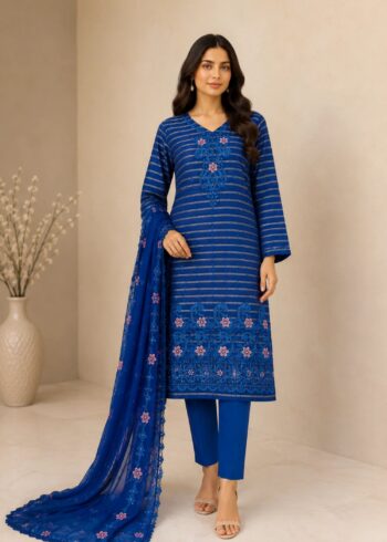 Turquoise Glow ? Teal Premium Embroidered Linen 3PC Dress with Chiffon Dupatta