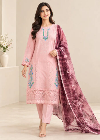 Embroidered Salmon Lawn Kurta Set with Printed net Dupatta