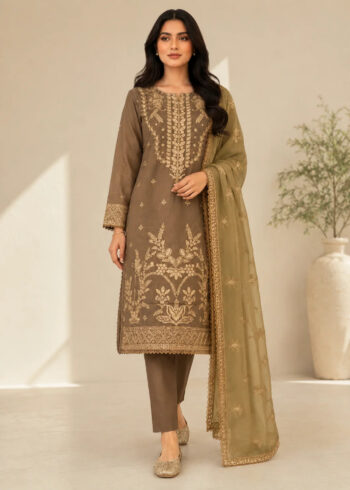 Tan Brown Embroidered Lawn Kurta Set with Chiffon Dupatta