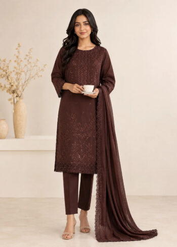 Brown Embroidered Kurta Set with Chiffon Dupatta
