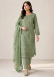 Forest Green Embroidered Lawn Kurta Set with Trousers & Dupatta