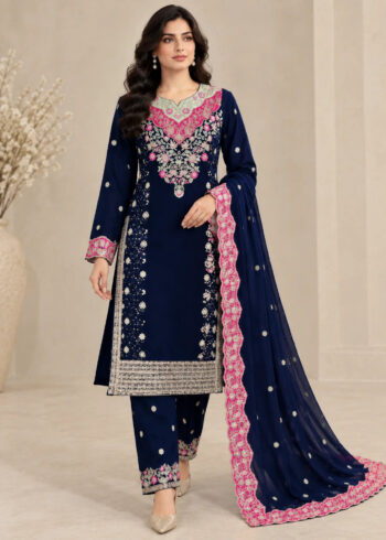 Embroidered Blue Kurta Set with Chiffon Trousers and Chiffon Dupatta