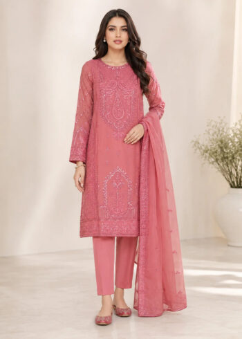 Rose Pink Embroidered Chiffon Kurta Set with Sequins