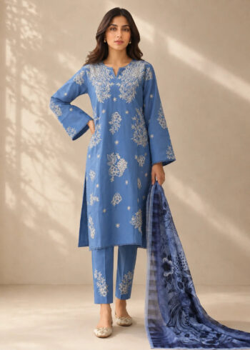 Light Blue Embroidered Cotton Kurta Set with Printed Net Dupatta