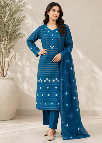 Sea Breeze? Teal Premium Embroidered Linen 3PC Dress with Chiffon Dupatta