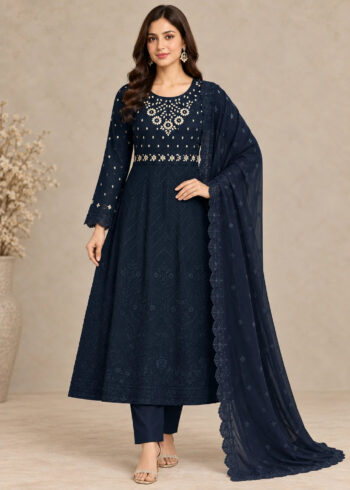 Noir Muse ? Blue Luxury Chiffon Maxi 3PC Set with Embroidered Dupatta & Silk Trouser