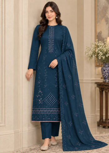 Blue Embroidered Cotton Kurta Set with Chiffon Dupatta