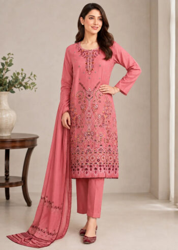 Salmon Pink Embroidered Cotton Kurta Set with Dupatta