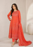 Coral Orange Embroidered Chiffon Maxi 3PC ? Sequin Work Formal Dress Set