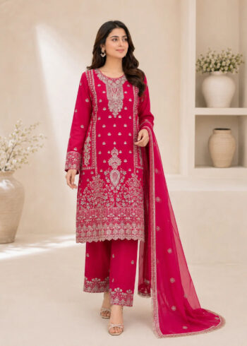 Magenta ? Stone Work & Embroidered 3PC Chiffon Set