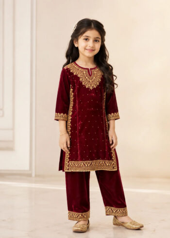 Maroon Kattan Silk Kids Formal Kurta Set