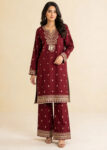 Maroon Embroidered lawn Kurta Set with Plazoo