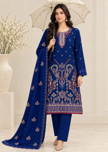 Embroidered Navy Blue Lawn Kurta Set with Chiffon Dupatta