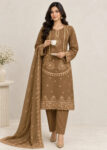 Embroidered Saddle Brown Kurta Set with Chiffon Dupatta