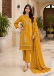 Mustard Embroidered Cotton Kurta Set with Striped Dupatta