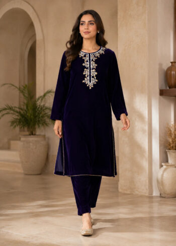 Purple ? Elegant Handwork Velvet Kurta Set (2PC)
