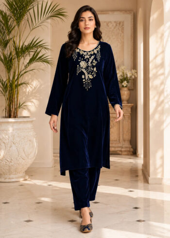 Navy Blue ? Luxury Handworked Velvet 2PC Kurta Set