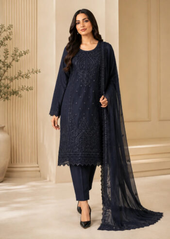 Noir Veil ? Black Luxury Embroidered Chiffon 3PC Dress with Silk Trouser