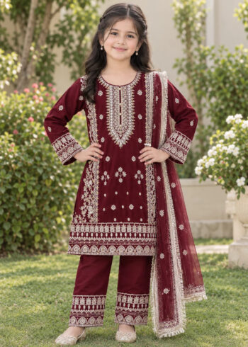 Royal Maroon Kids ? Embroidered 3PC Kurta