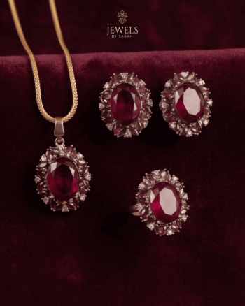 22K Gold Polish Ruby Red Stone Pendant Set with Earrings & Ring