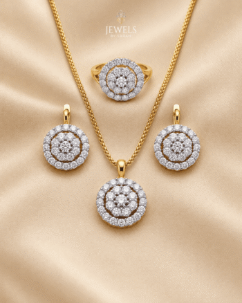 Diamond Cut Round Cluster Pendant Set with Jarau Stones, Matching Earrings & Ring