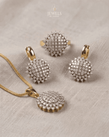 22k Gold Polish Diamond Cut Sunburst Pendant Set with Jarau Stones, Earrings & Ring