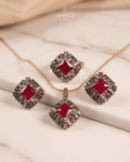 22k Gold Polish Antique Square Stone Pendant Set with Earrings & Ring | Purple & Ruby with Multicolor
